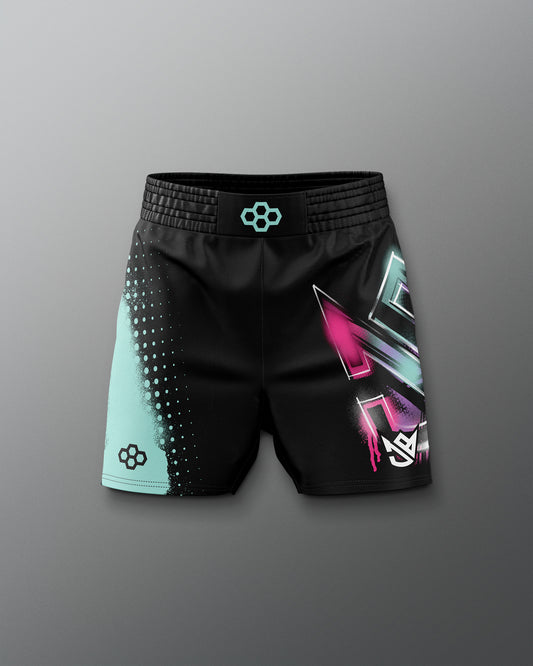 Black shorts with colorful geometric designs on a gray background