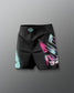 Black shorts with colorful geometric design on a gray background