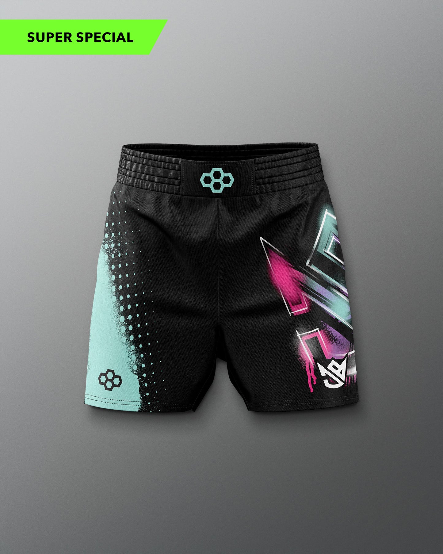 Black shorts with colorful geometric designs on a gray background