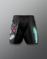 Black shorts with colorful geometric pattern on a gray background