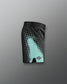 Black athletic shorts with teal pattern on a gray background