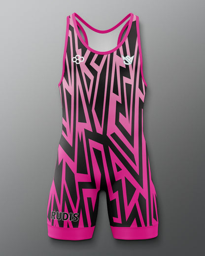 Pink and black athletic singlet with geometric pattern on a gray background