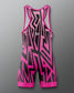 Pink and black patterned swimsuit on a gray background