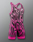 Pink and black patterned wrestling singlet on a gray background