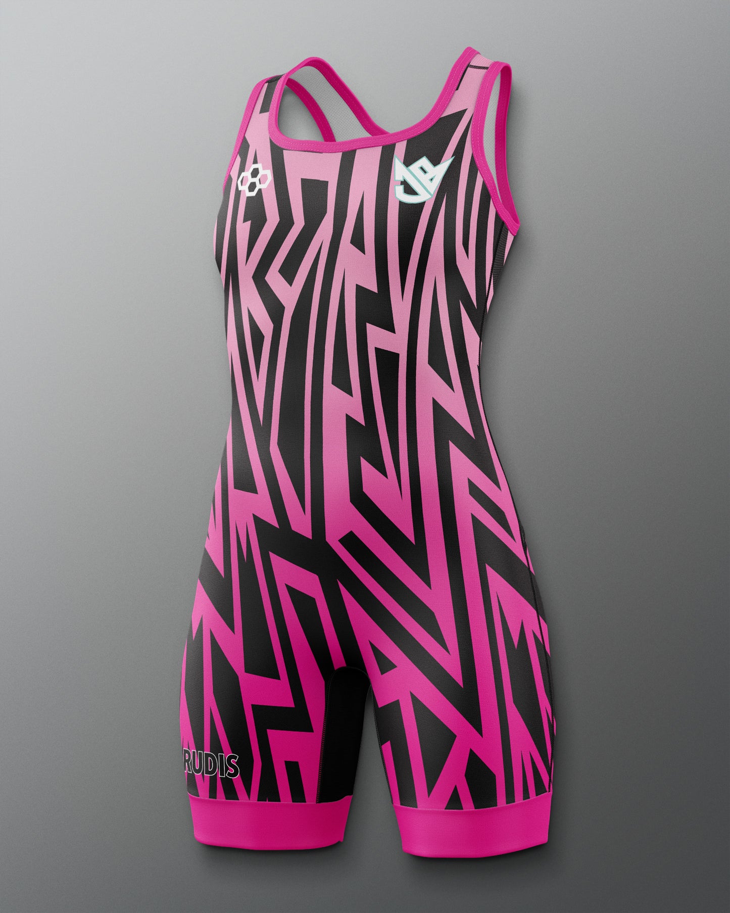 Pink and black patterned athletic suit on a gray background