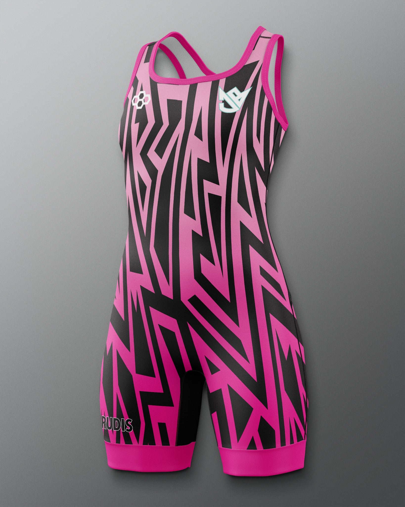 Pink and black patterned athletic suit on a gray background