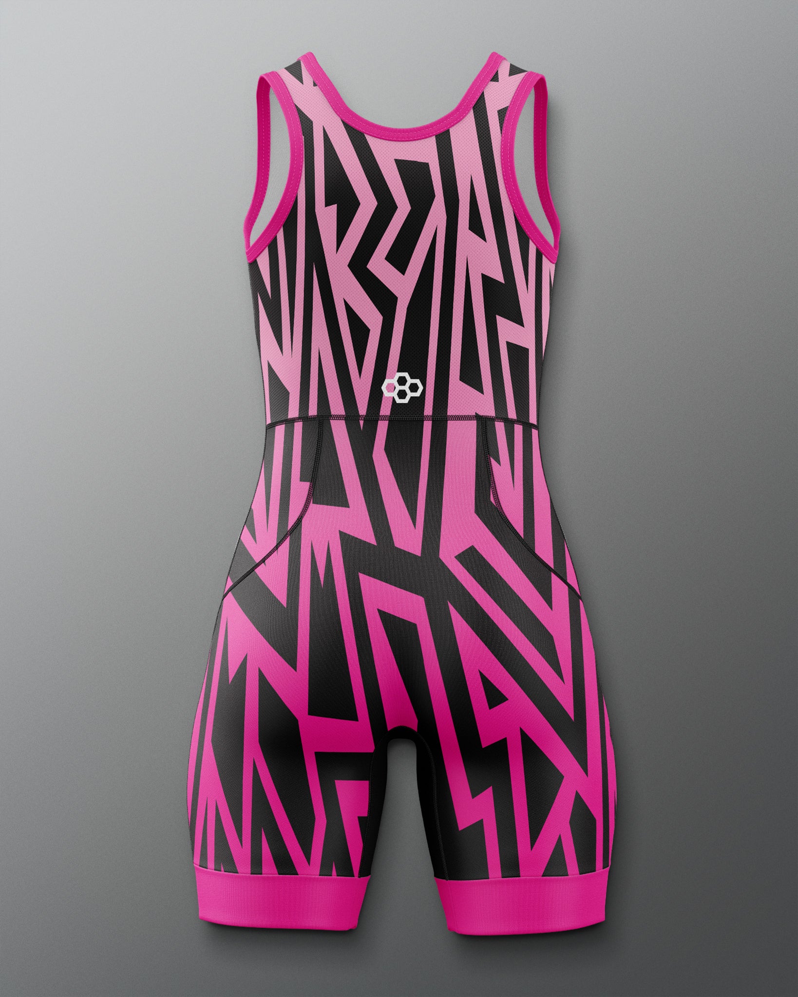 Pink and black patterned swimsuit on a gray background