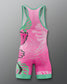 Pink and green swimsuit with floral design on a gray background