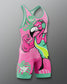 Pink and green athletic suit with flamingo design on a gray background