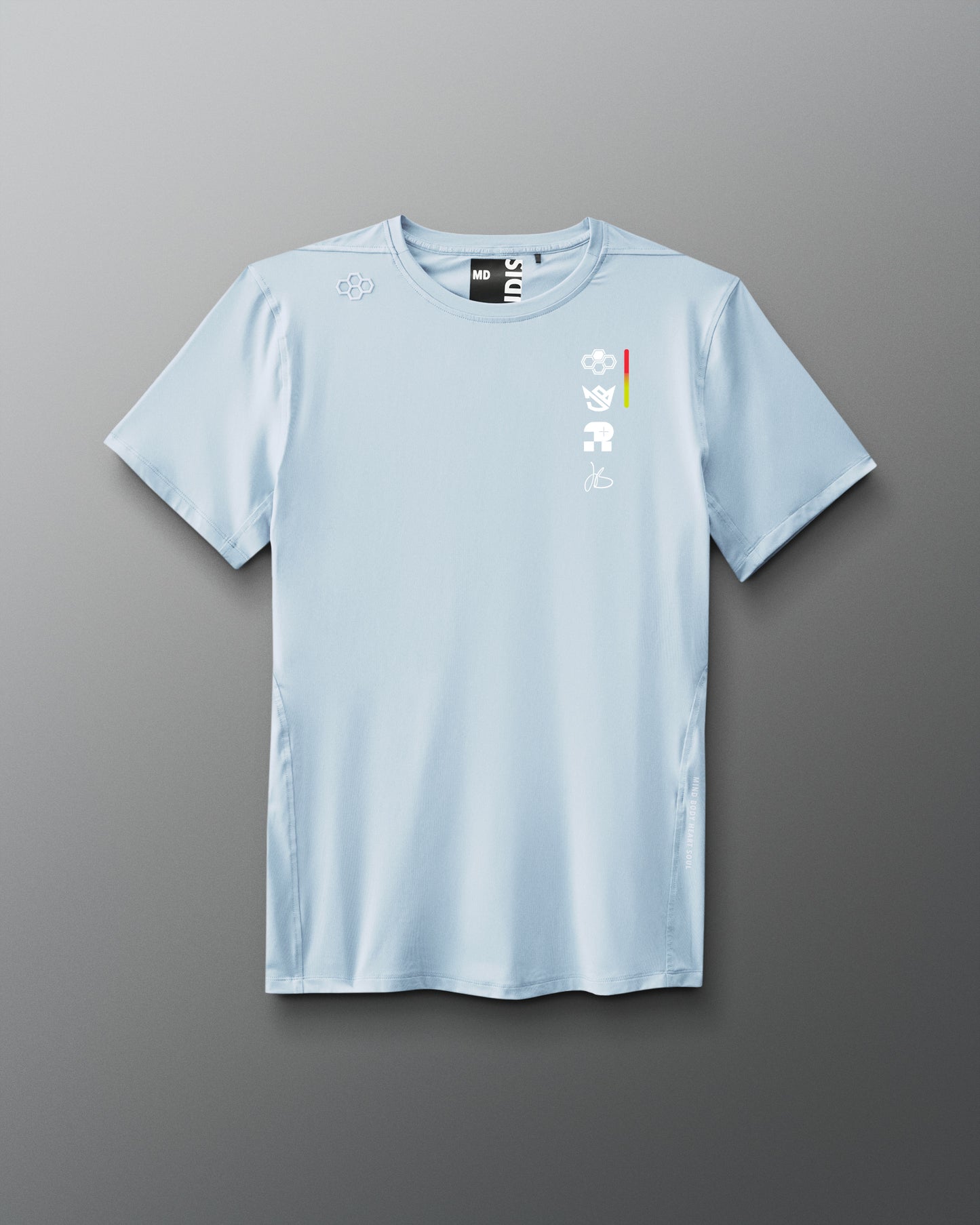 Light blue t-shirt with a logo on a gray background