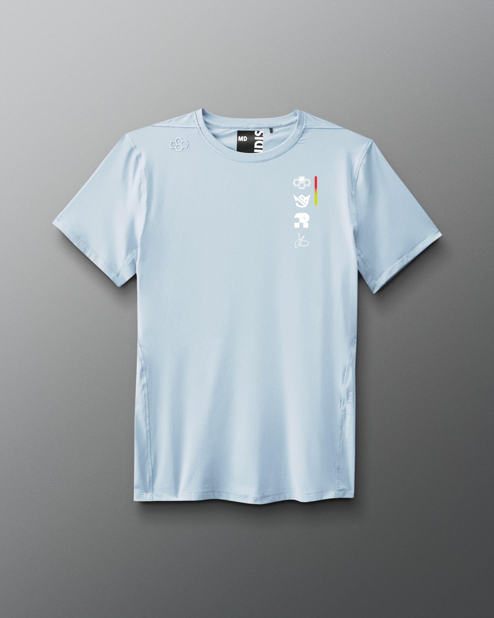 Light blue t-shirt with a logo on a gray background