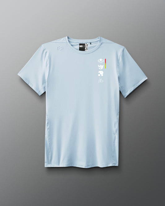 Light blue t-shirt with a logo on a gray background