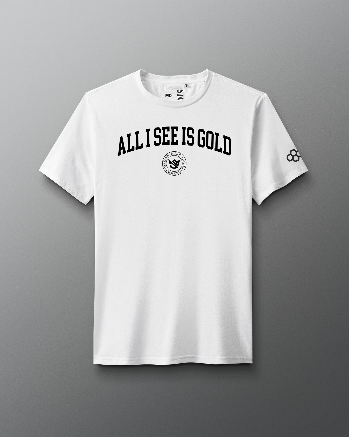White t-shirt with 'All I See is Gold' text on a gray background