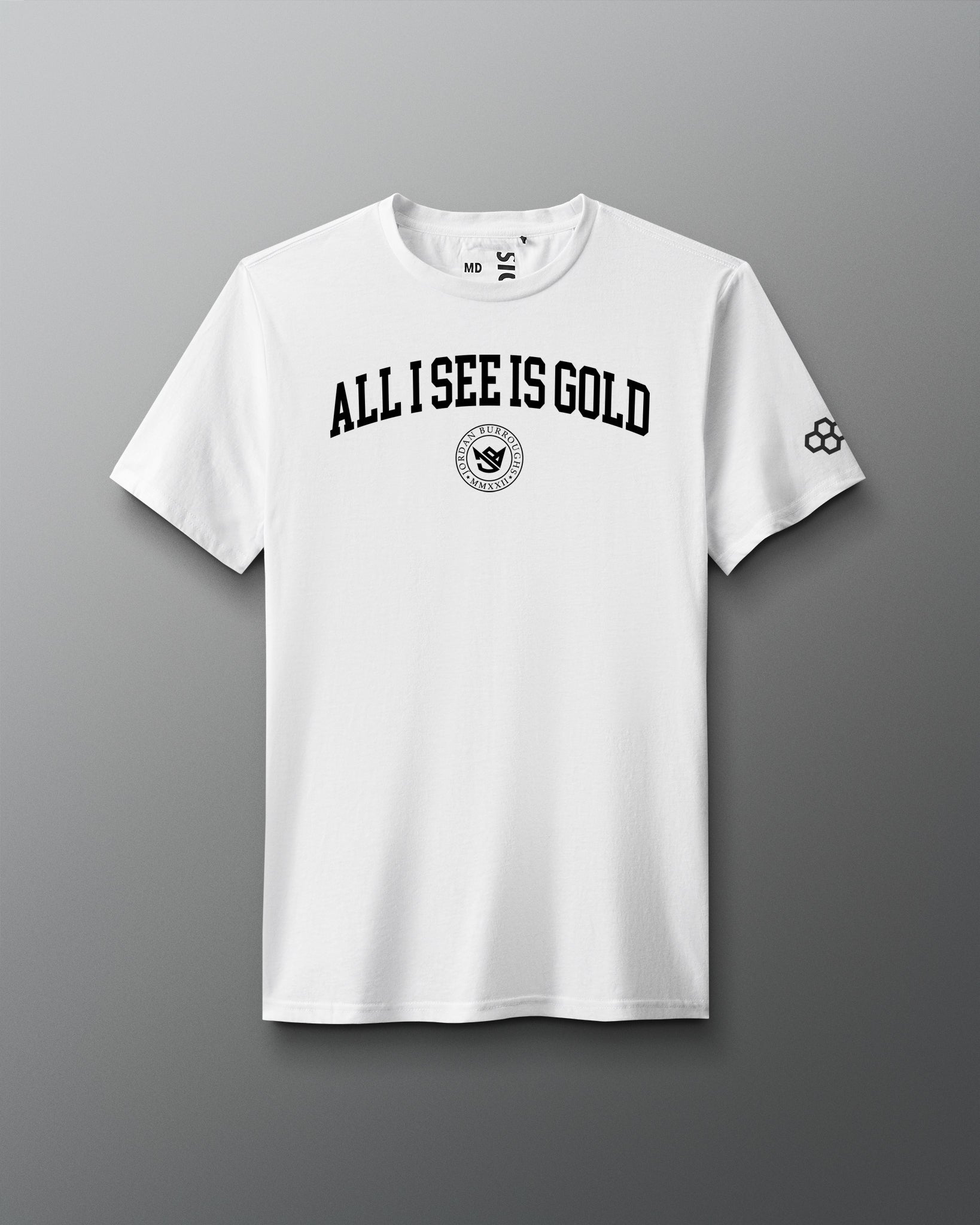 White t-shirt with 'All I See is Gold' text on a gray background
