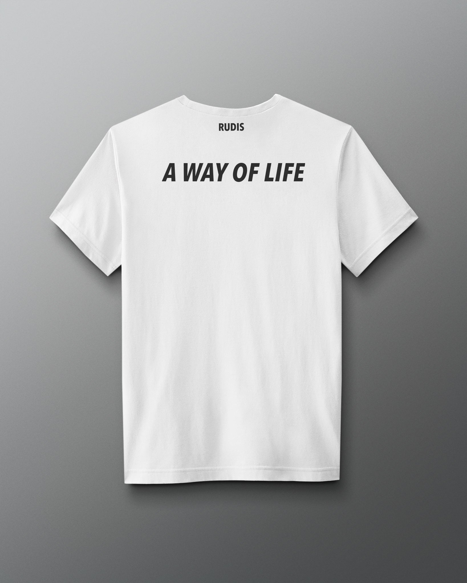 White t-shirt with text 'A Way of Life' on a gray background