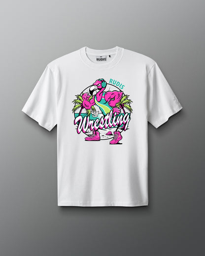 White t-shirt with flamingo graphic and 'Rudie Wrestling' text on a gray background