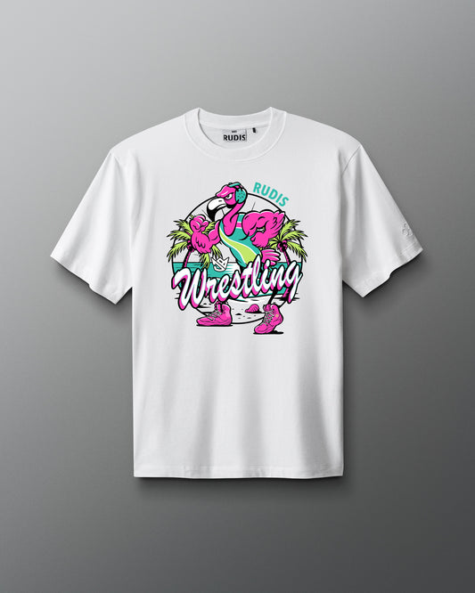 White t-shirt with flamingo graphic and 'Rudie Wrestling' text on a gray background