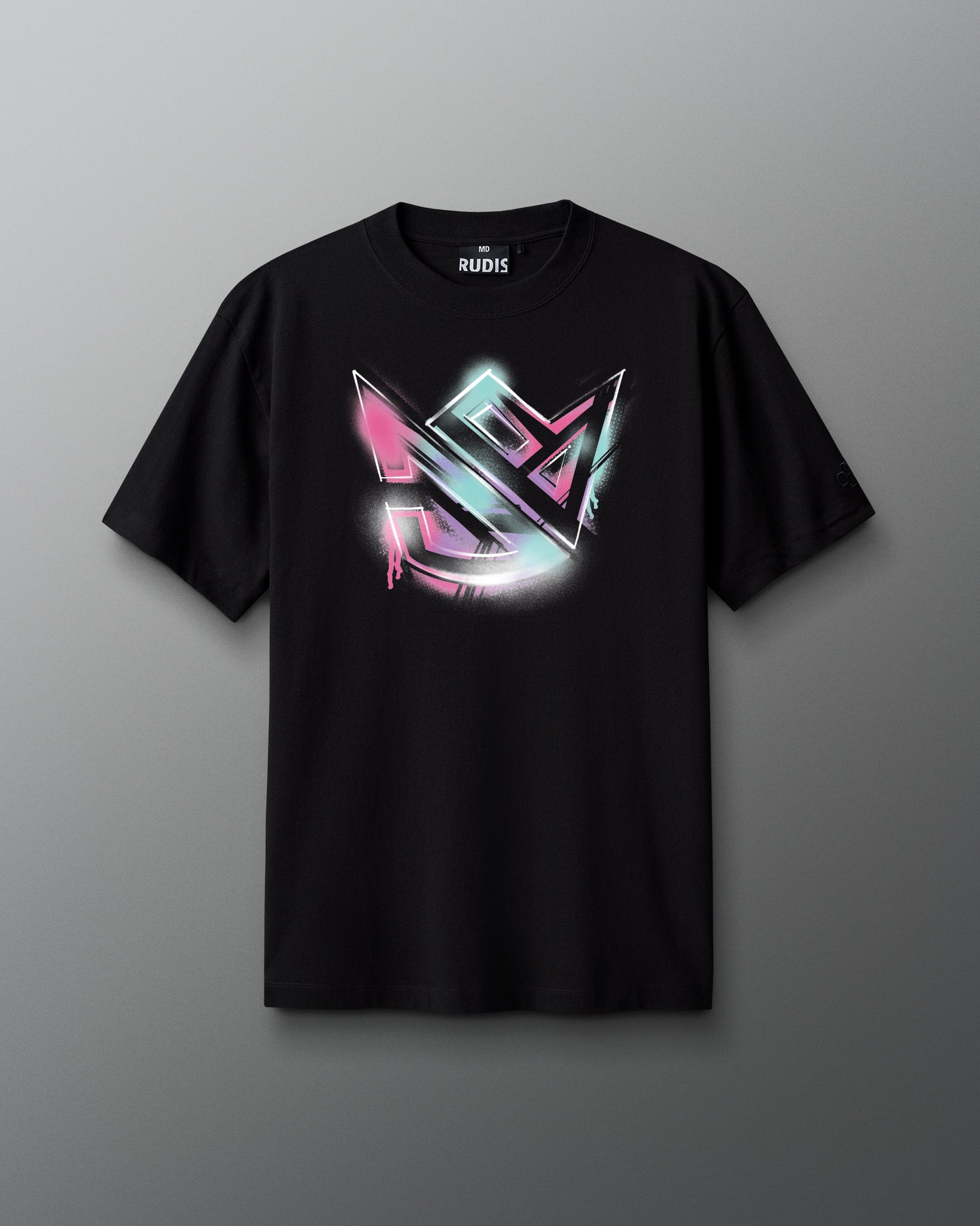 Black t-shirt with a colorful logo on a gray background