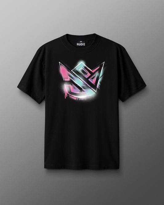 Black t-shirt with a colorful logo on a gray background