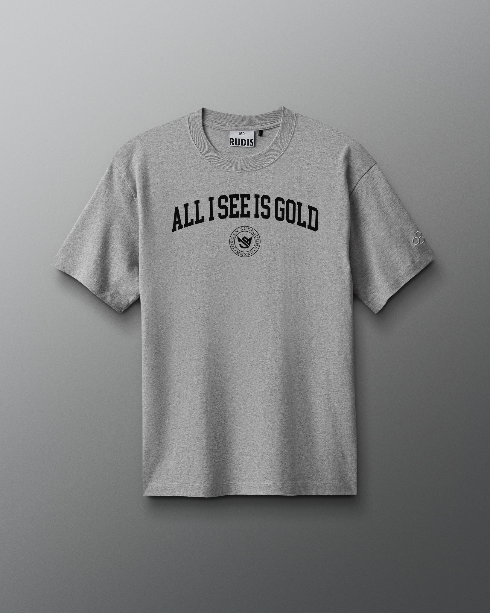 Gray t-shirt with 'All I See is Gold' text on a gray background