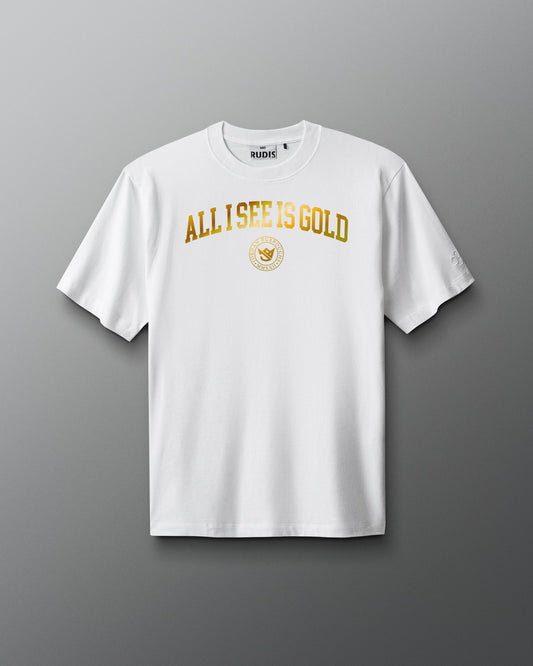 White t-shirt with 'All I See is Gold' text and logo on a gray background
