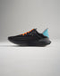 A sleek black running shoe featuring vibrant orange laces and a light blue heel counter designed for both style and performance