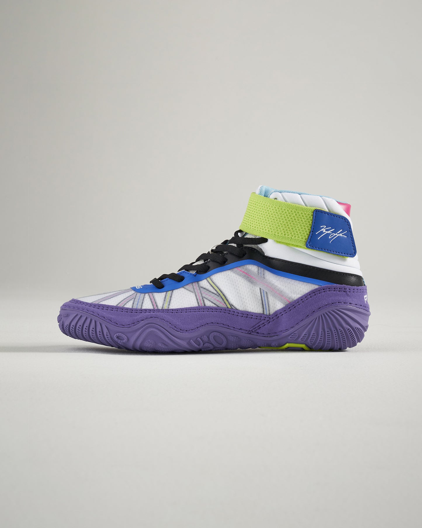 A modern high-top sneaker featuring a vibrant design with a white mesh upper multicolored accents and a distinctive purple sole