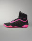 A high-top athletic wrestling shoe in black with vibrant neon pink accents and a matching pink and black wavy sole, shown from a side profile on a neutral gray background.