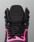 Close-up of a high-top black wrestling shoe with bright pink accents around the laces and tongue, featuring a black geometric logo on the tongue.