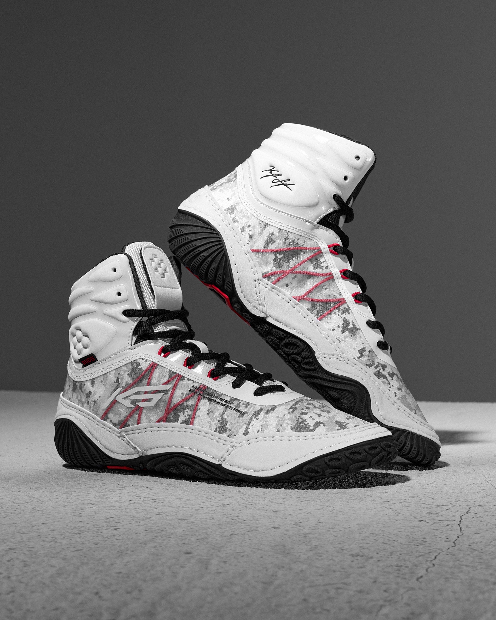 RUDIS Infinity Edge adult wrestling shoes in tactical gray with black outsole and red lace detailing