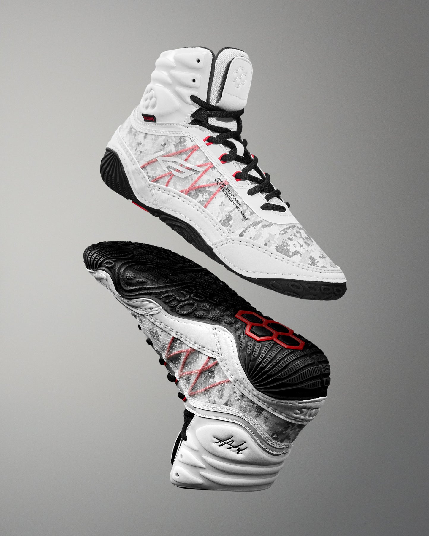 RUDIS tactical gray wrestling shoes with digital camo detailing, black grip sole, and red performance accents