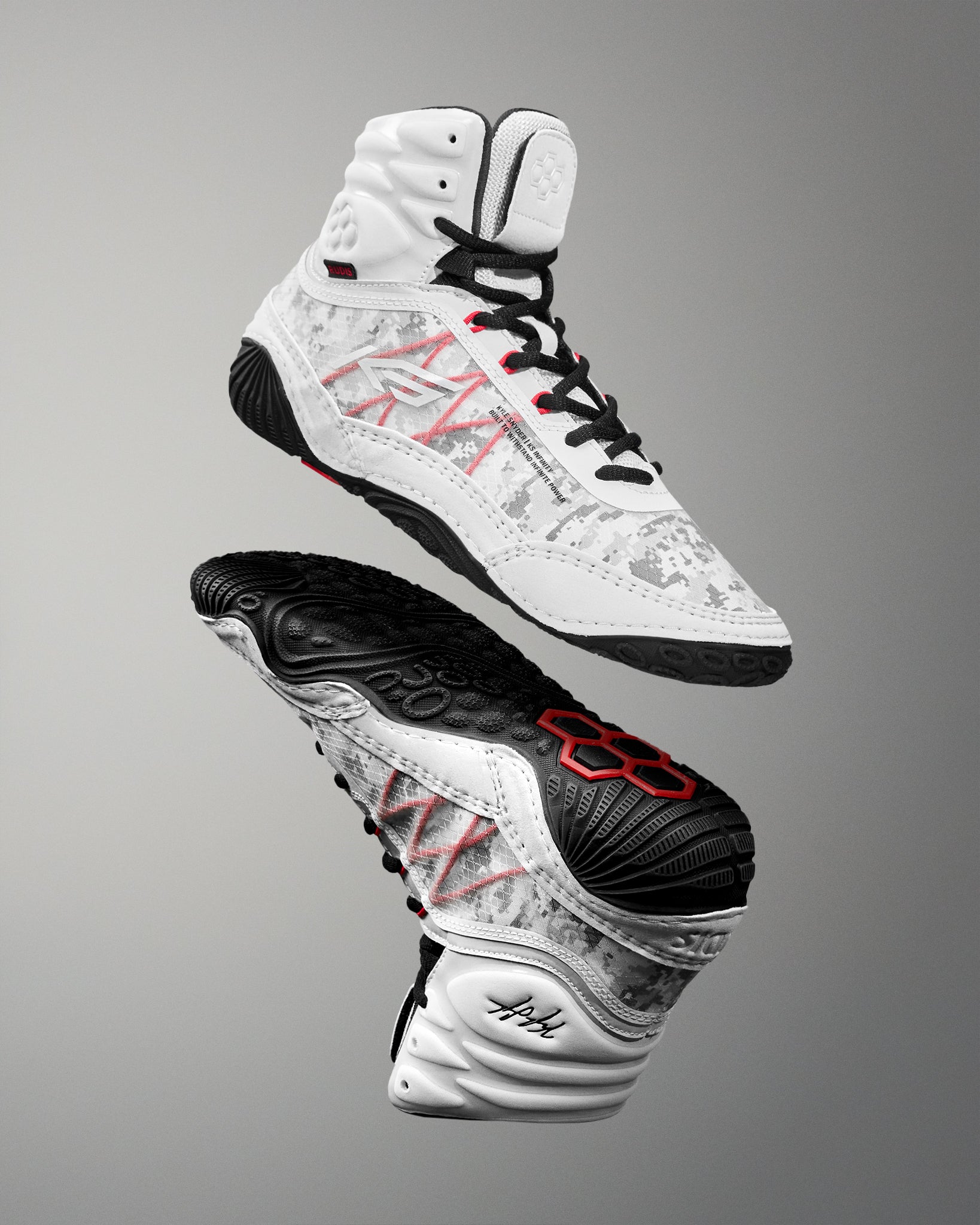RUDIS tactical gray wrestling shoes with digital camo detailing, black grip sole, and red performance accents