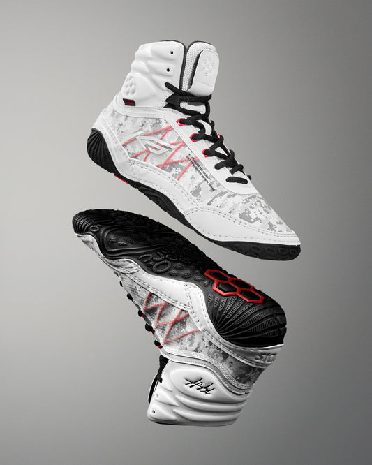 RUDIS tactical gray wrestling shoes with digital camo detailing, black grip sole, and red performance accents