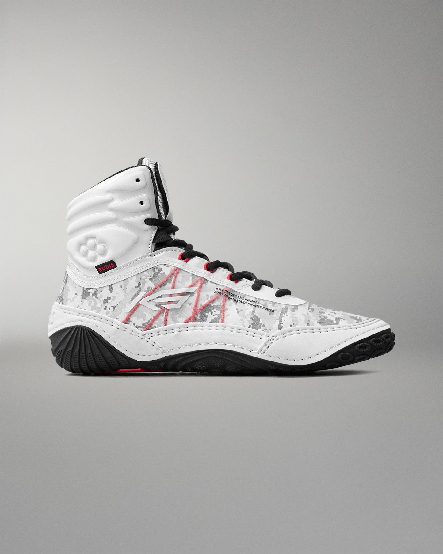 Side profile of RUDIS Infinity Edge wrestling shoe in tactical gray with digital camo detailing and black traction outsole