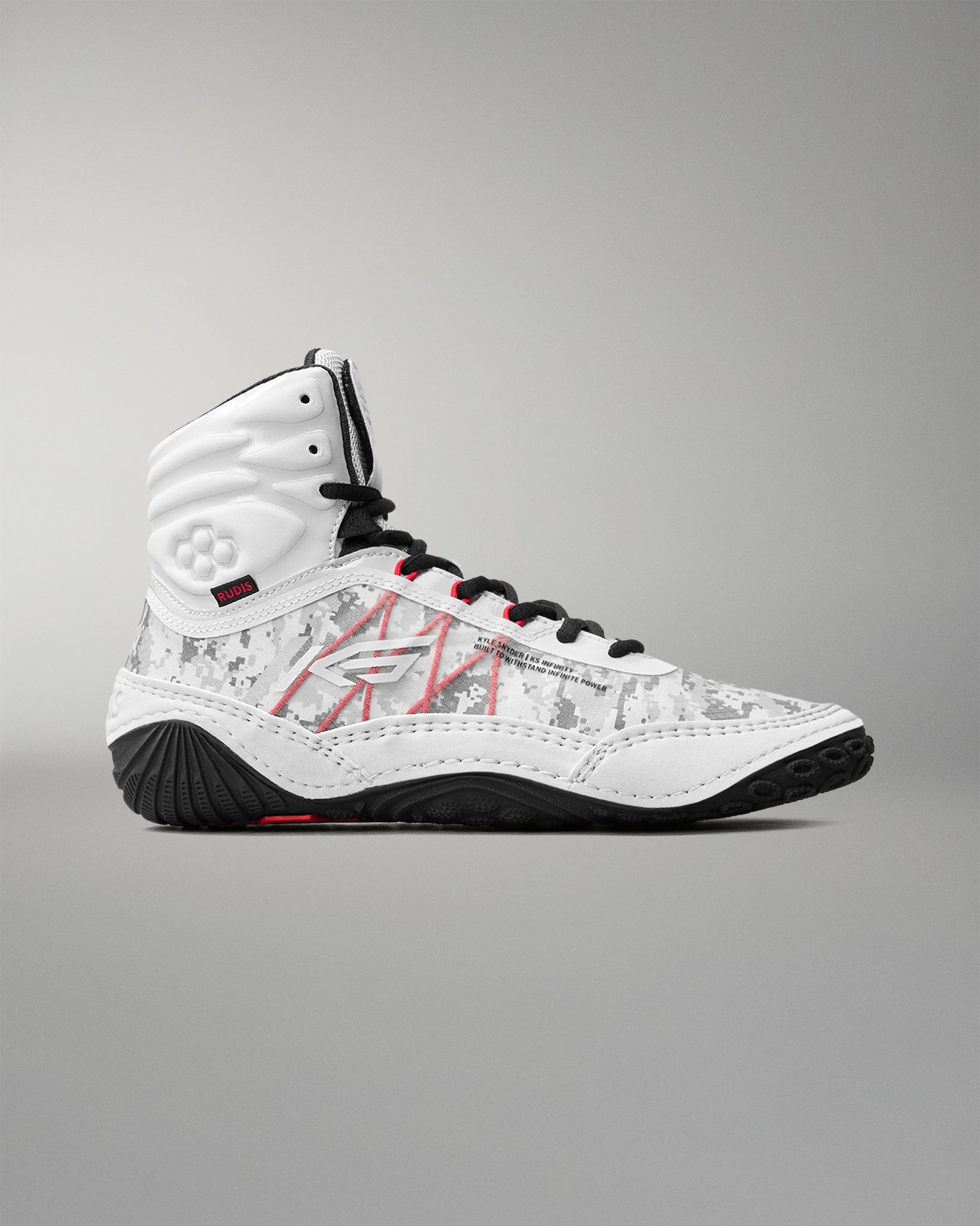 Side profile of RUDIS Infinity Edge wrestling shoe in tactical gray with digital camo detailing and black traction outsole