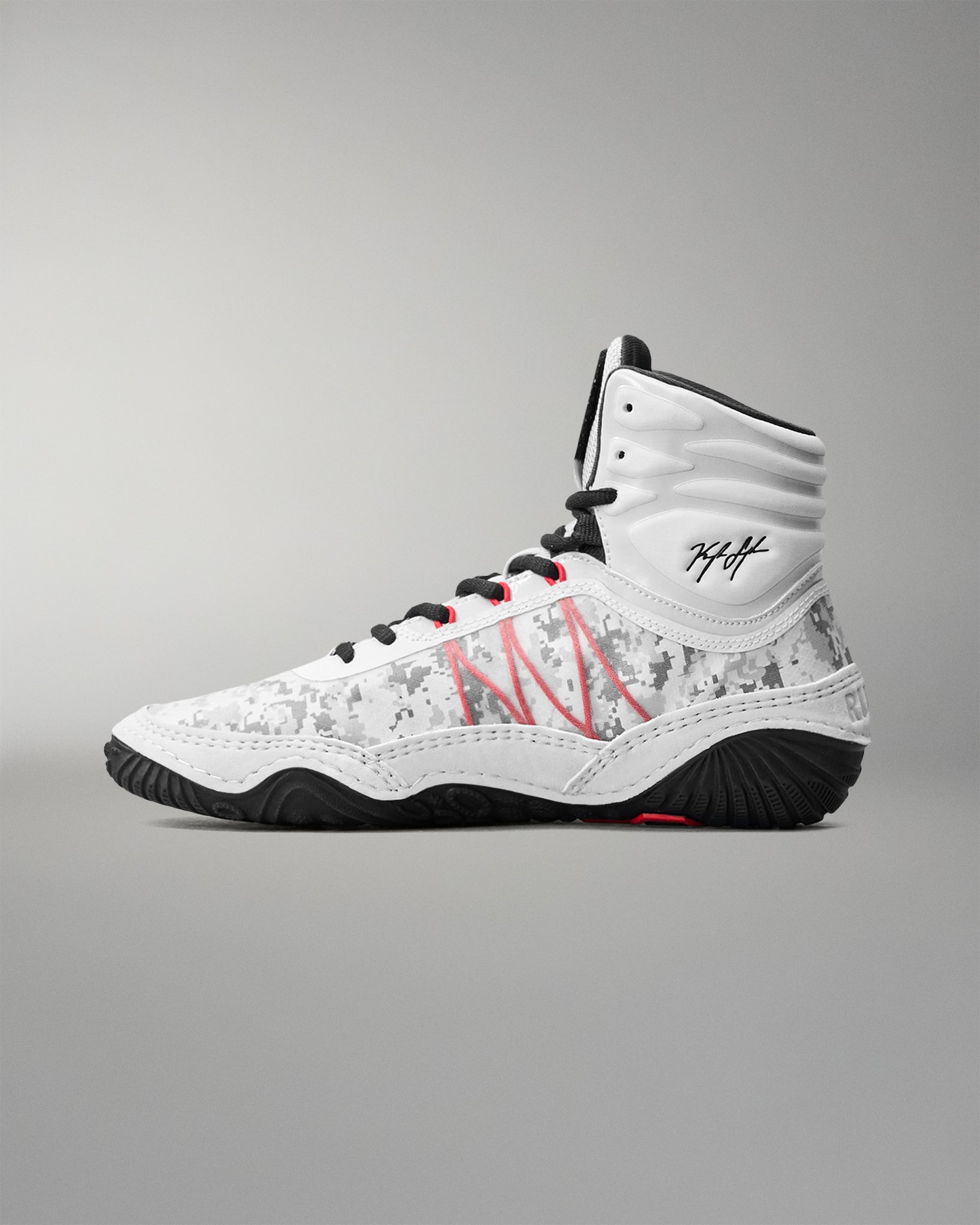 Side view of RUDIS Infinity Edge wrestling shoe in tactical gray with digital camo upper and black traction outsole