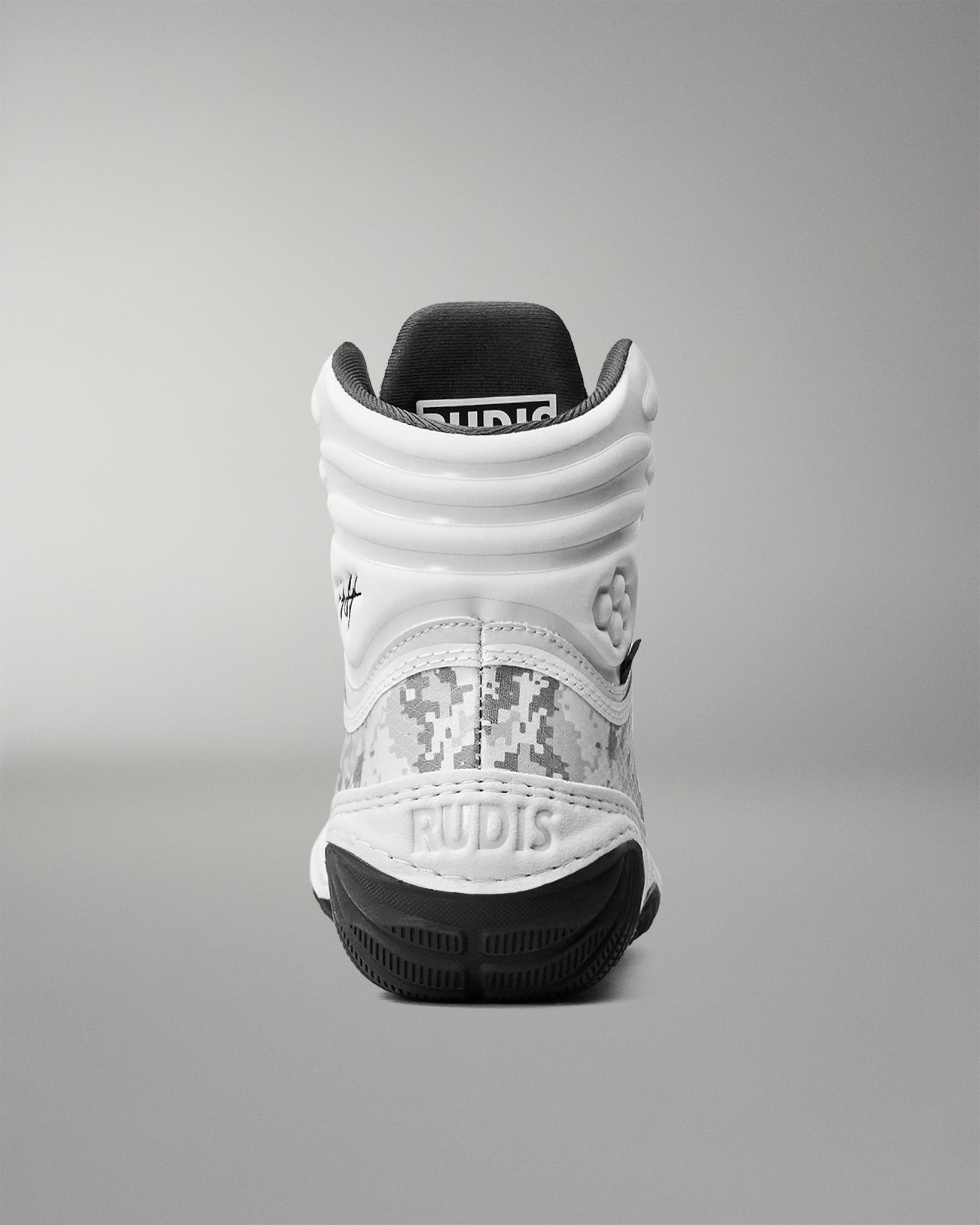 Rear view of RUDIS Infinity Edge wrestling shoe in tactical gray with padded ankle support and durable black outsole