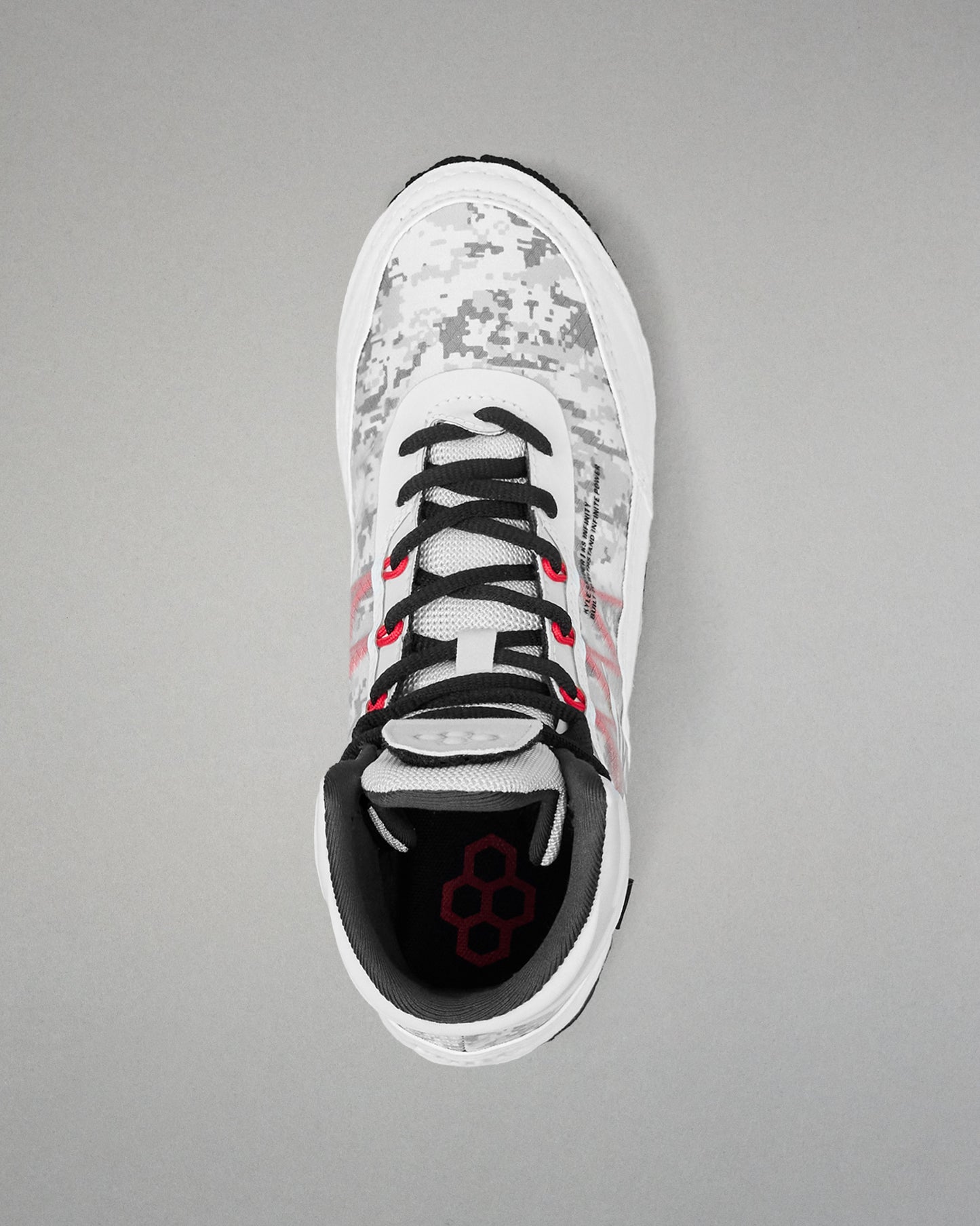 Top-down view of RUDIS Infinity Edge wrestling shoe in tactical gray with black laces and red performance eyelets