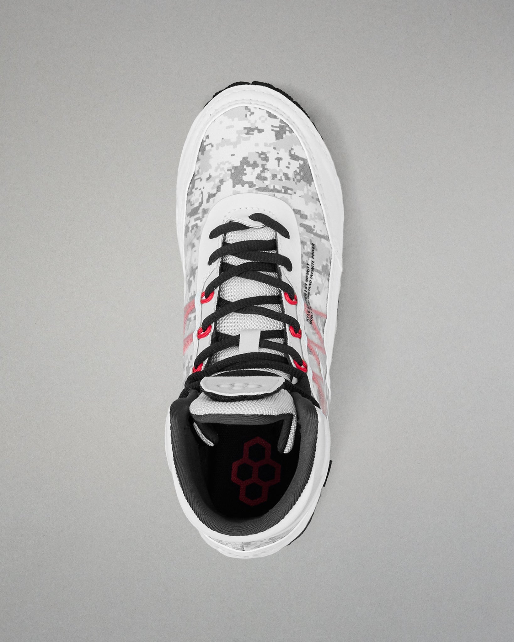 Top-down view of RUDIS Infinity Edge wrestling shoe in tactical gray with black laces and red performance eyelets