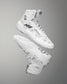 High-top wrestling shoe in white, featuring a camouflage pattern and a textured sole for traction, highlighted against a soft gray background.