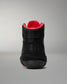 Black wrestling shoe with red lining on a gray background