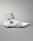 White wrestling shoe with black accents on a gray background