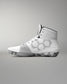 White wrestling shoe with geometric design on a gray background