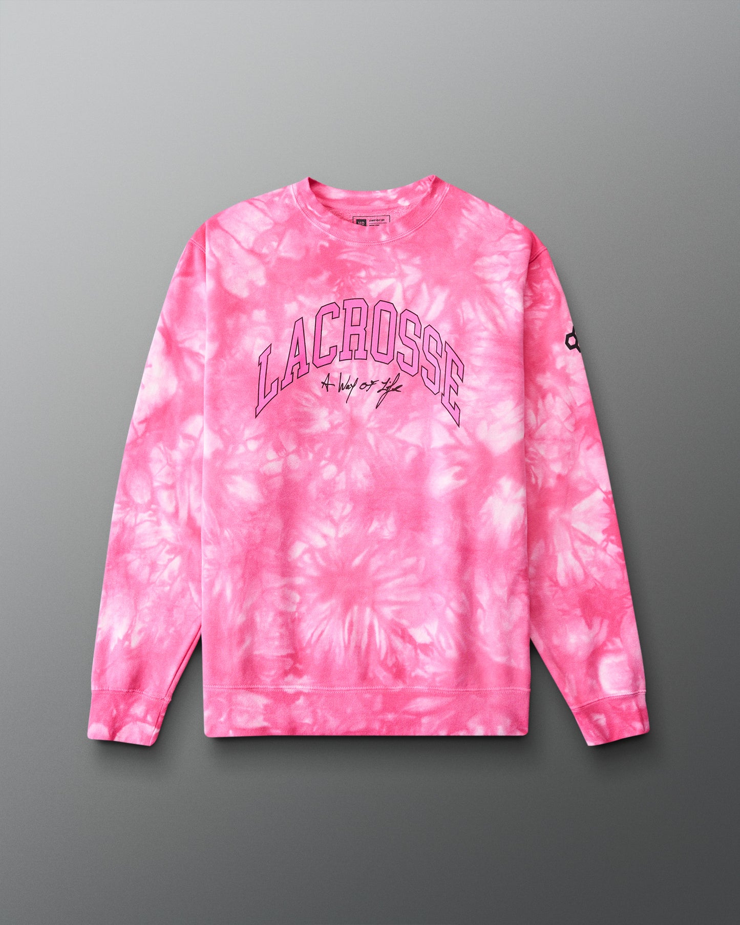 Pink tie-dye sweatshirt with 'LACROSSE' text on a gray background