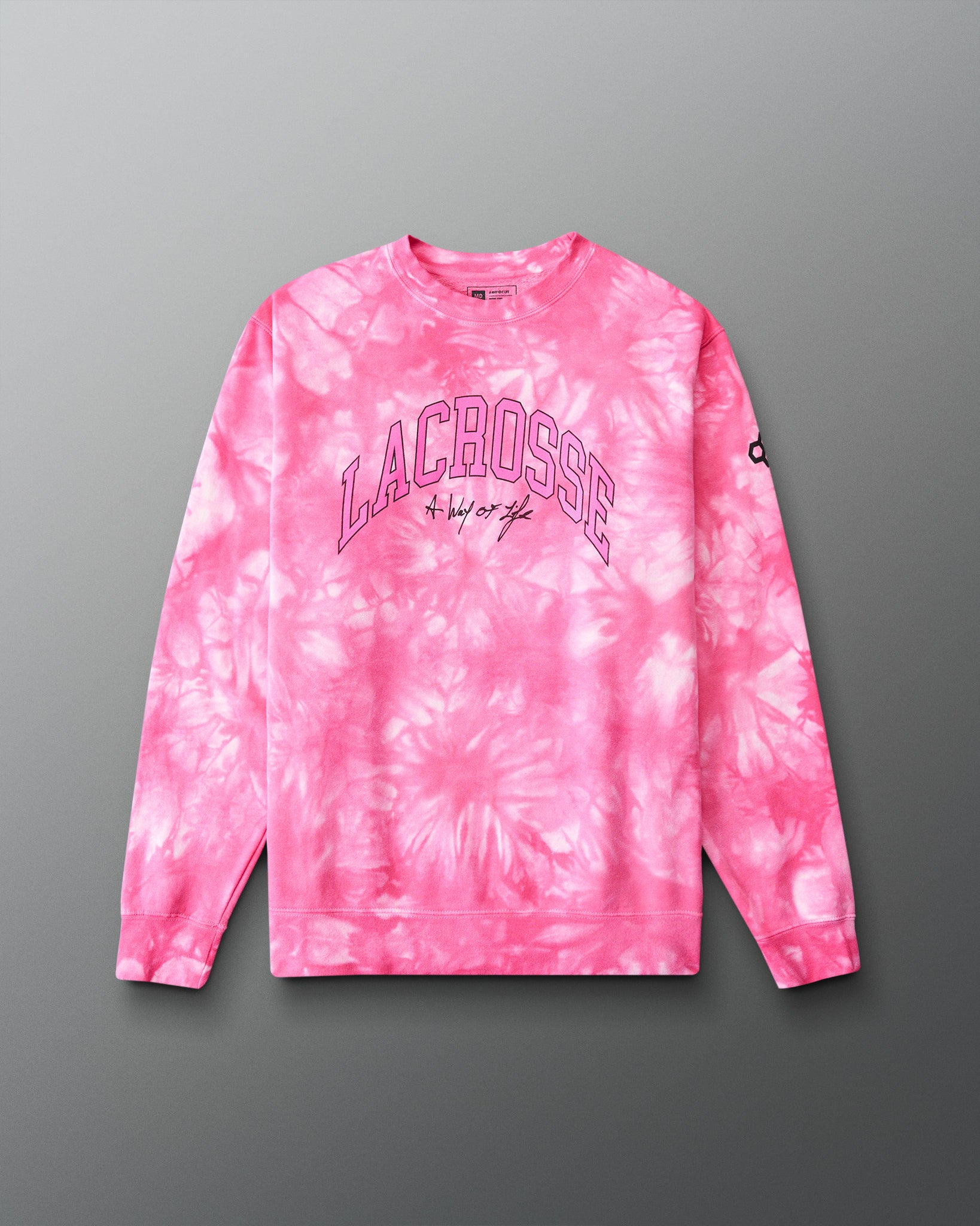 Pink tie-dye sweatshirt with 'LACROSSE' text on a gray background