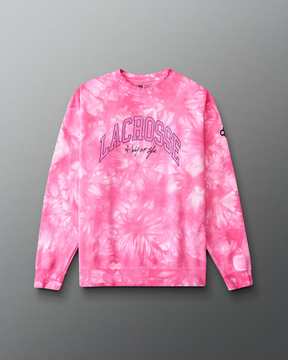 Pink tie-dye sweatshirt with 'LACROSSE' text on a gray background