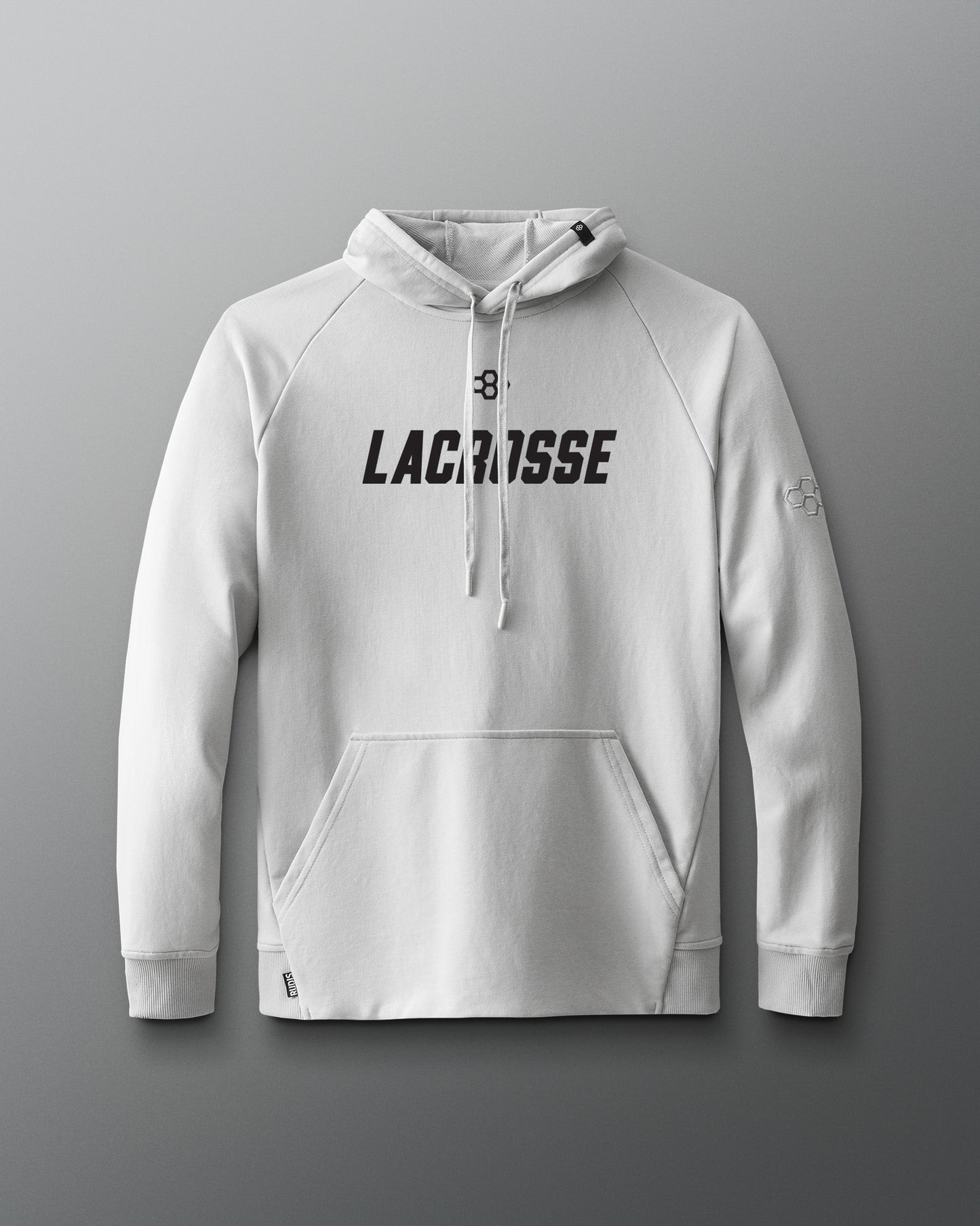 Front view of the RUDIS Lacrosse Elite Terry Hoodie in Lunar featuring premium French terry fabric, bold Lacrosse chest graphic, adjustable drawstring hood, raglan sleeves, and kangaroo pocket.