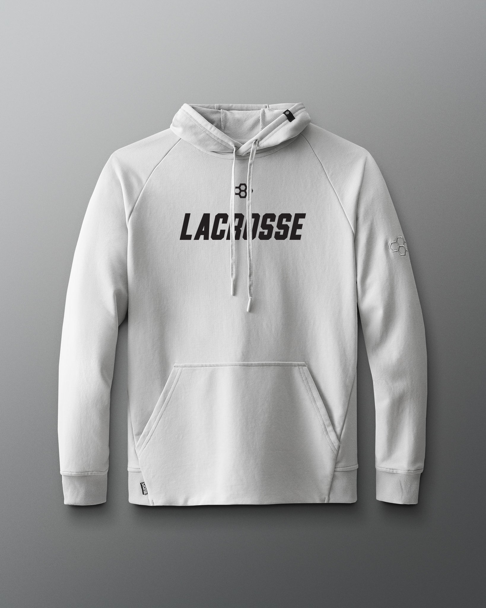 Front view of the RUDIS Lacrosse Elite Terry Hoodie in Lunar featuring premium French terry fabric, bold Lacrosse chest graphic, adjustable drawstring hood, raglan sleeves, and kangaroo pocket.