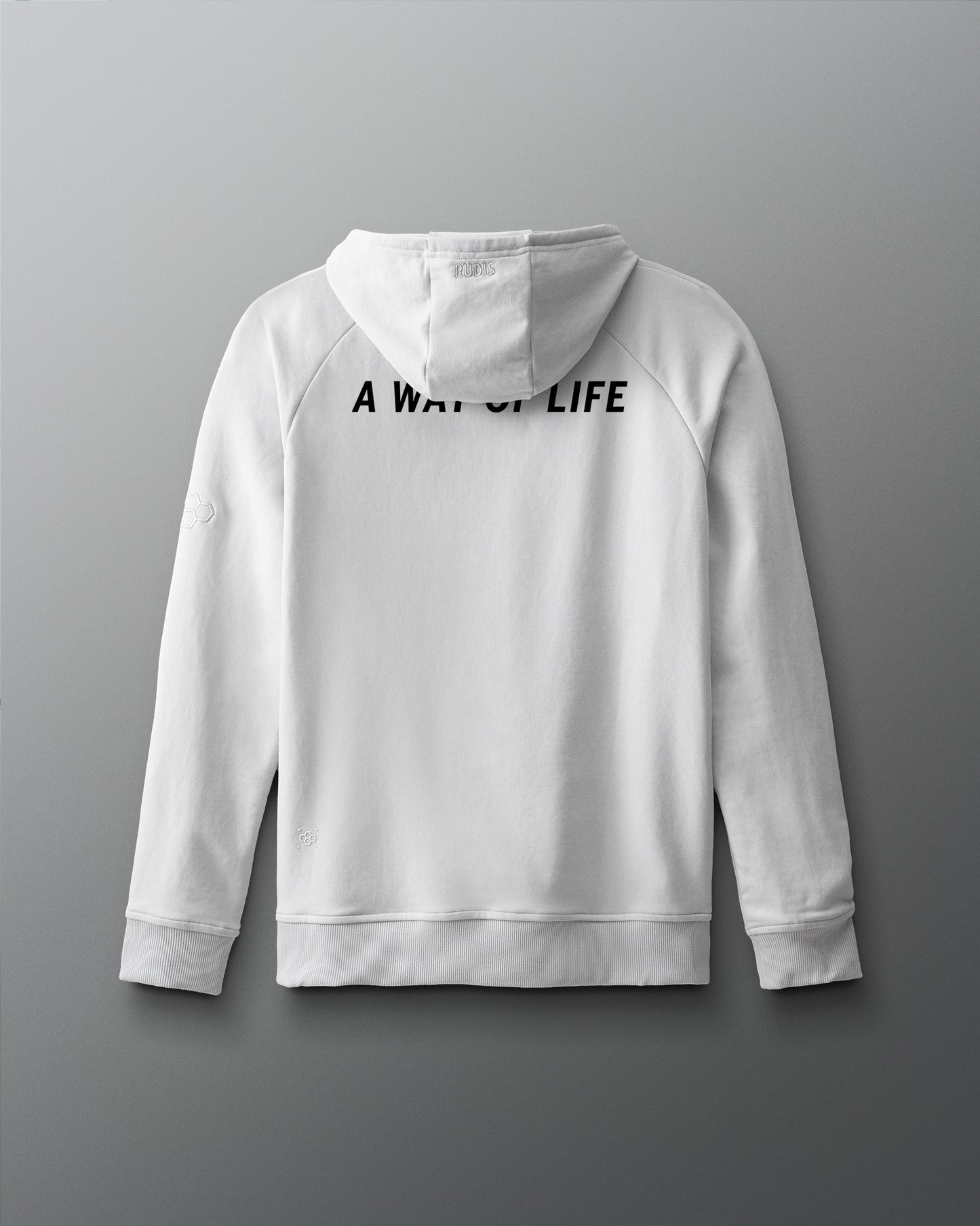 Back view of the RUDIS Lacrosse Elite Terry Hoodie in Lunar featuring the "A Way of Life" back graphic, premium French terry fabric, raglan sleeves, and clean athletic silhouette.