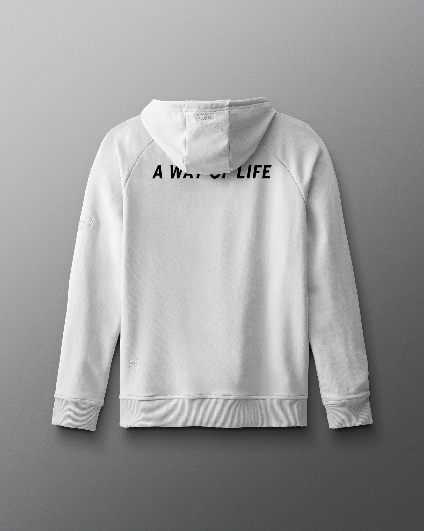 Back view of the RUDIS Lacrosse Elite Terry Hoodie in Lunar featuring the "A Way of Life" back graphic, premium French terry fabric, raglan sleeves, and clean athletic silhouette.